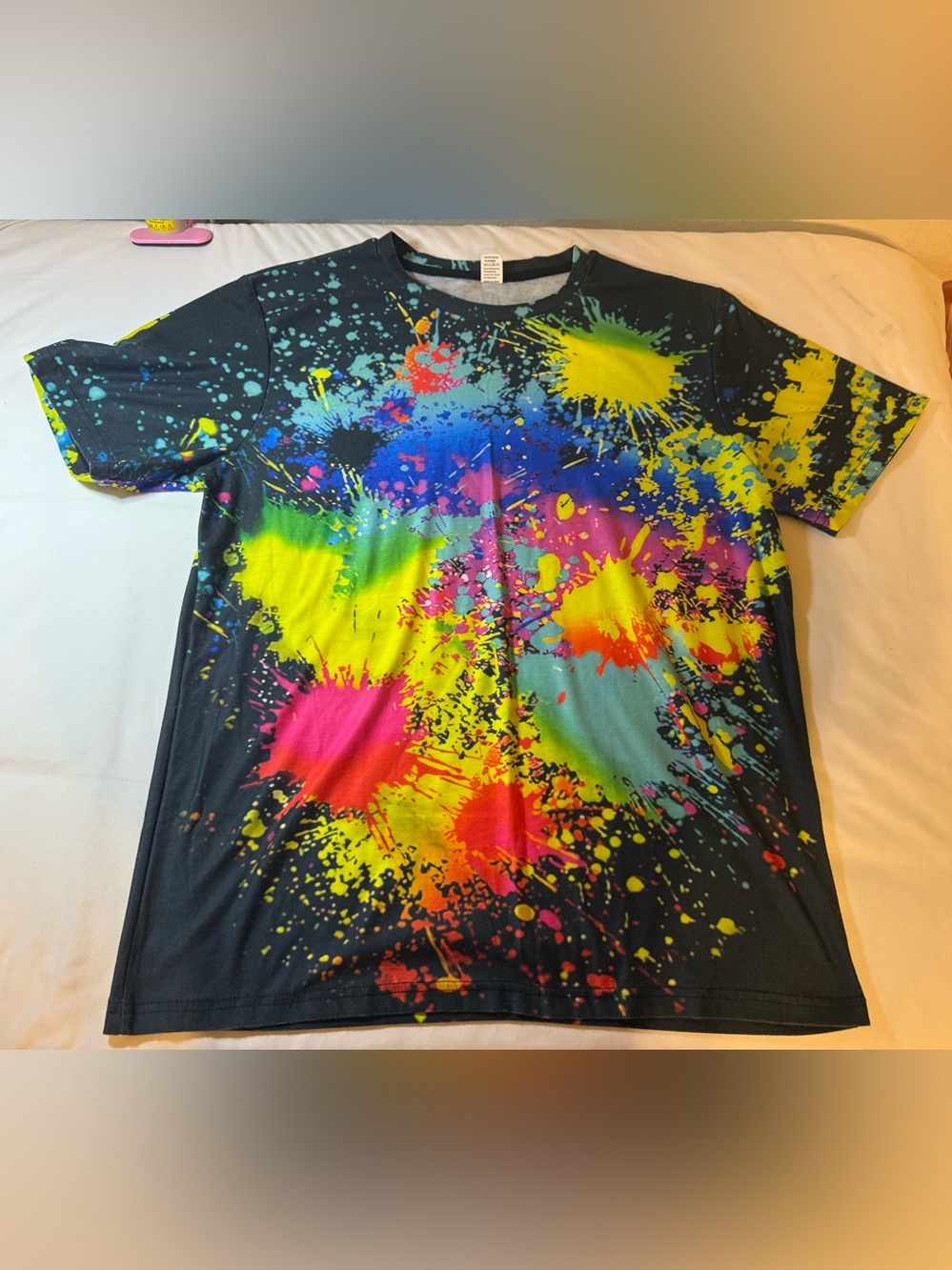 Neon Paint Splatter Graphic Tee - Black Base with Multicolor Splatters